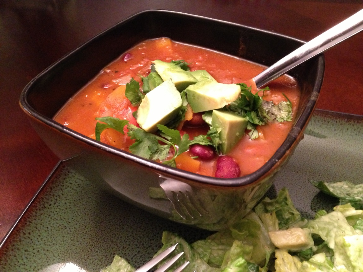 Butternut squash chili and vegan avocado Caesar salad
