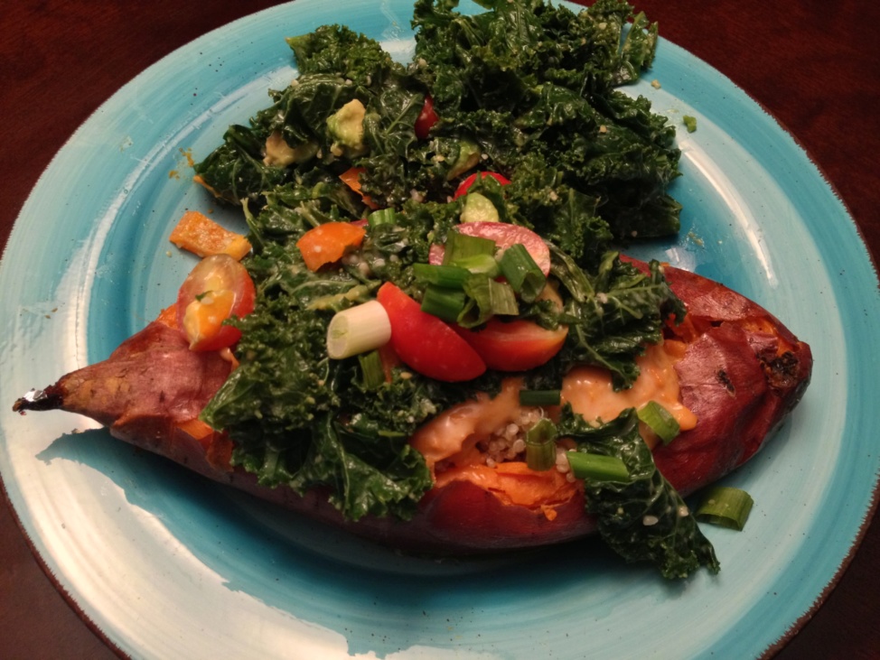 Baked sweet potato with kale and veggies