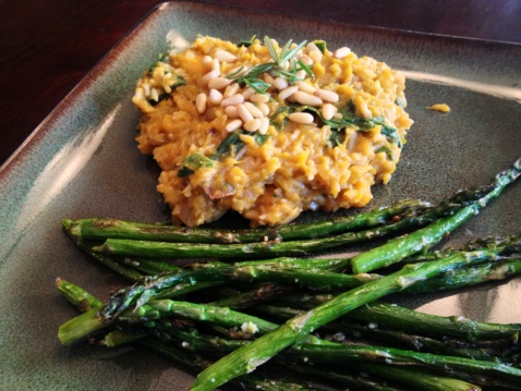 Roasted squash, leek and Swiss chard risotto with roasted asparagus