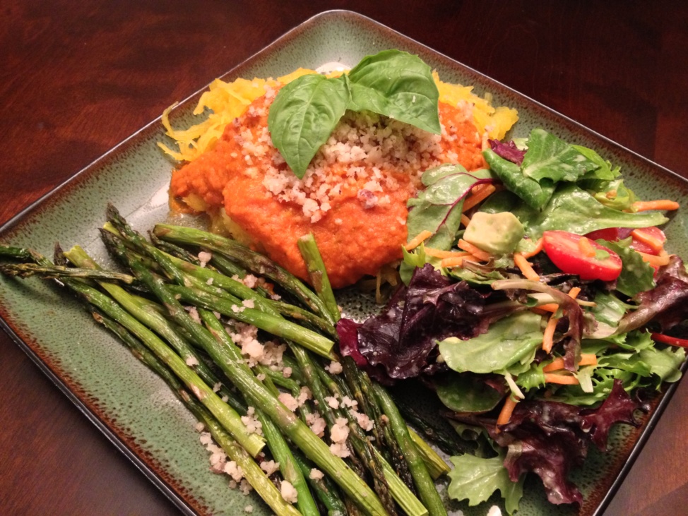 Roasted spaghetti squash with roasted asparagus, and green salad