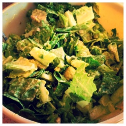 Vegan Caesar salad in a white bowl