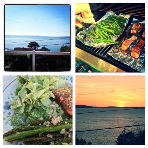 Four combined pictures of food and sunset