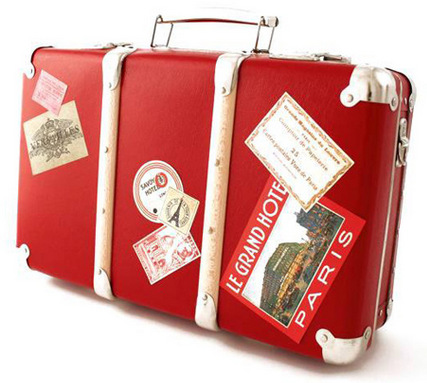 A classic red suitcase with postcards on it