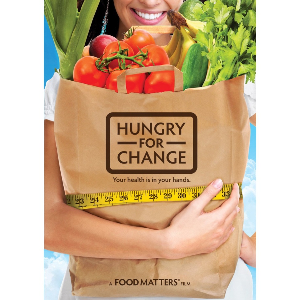 Hungry for Change documentary cover which illustrates a woman holding a bag of vegetables