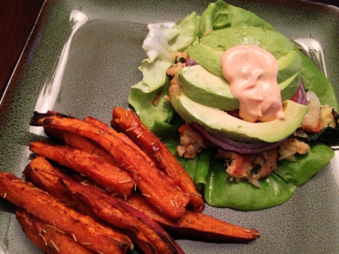 An all-veggie burger and sweet potato fries