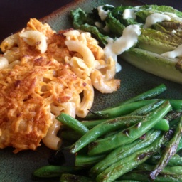 Vegan, gluten-free Chipotle macaroni and cheese with green beans and grilled romaine