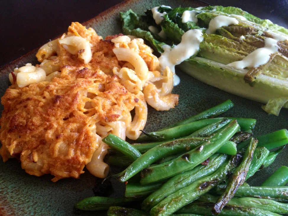 Vegan, gluten-free Chipotle macaroni and cheese with green beans and grilled romaine