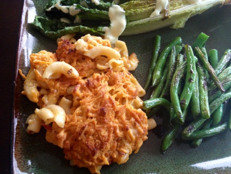 Baked Chipotle macaroni and cheese with green beans and grilled romaine