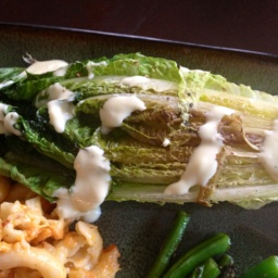 Grilled romaine lettuce drizzled with Caesar dressing