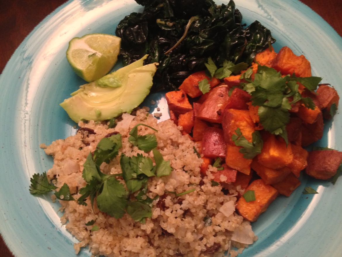 Buddha Bowl with sweet potatoes, quinoa pilaf, and greens