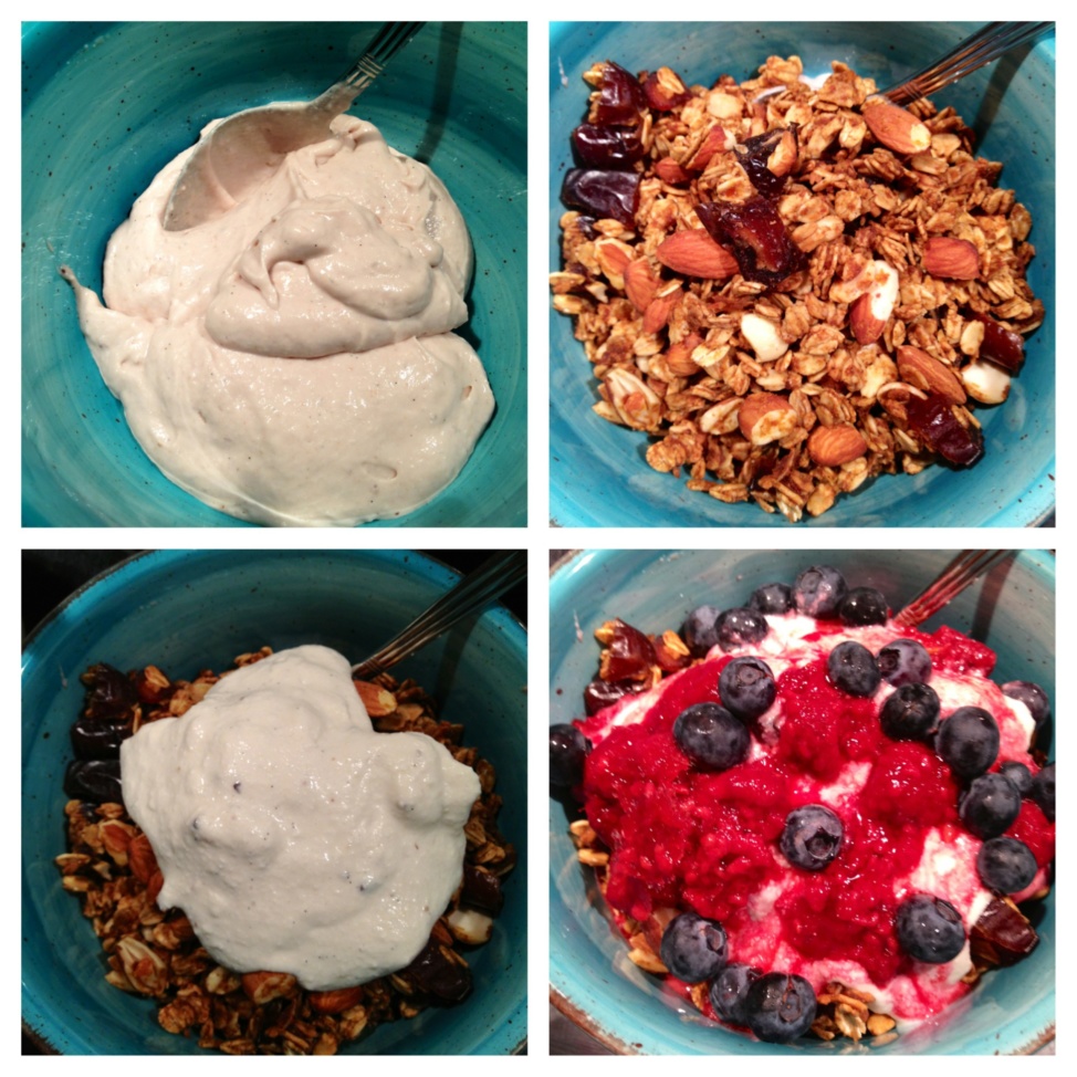 The four steps of making the Coconut Yogurt, Granola and Berry Parfait