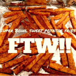 Sweet potato fries on a baking sheet