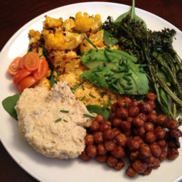 Buddha bowl with chickpeas, roasted veggies, and ranch hummus