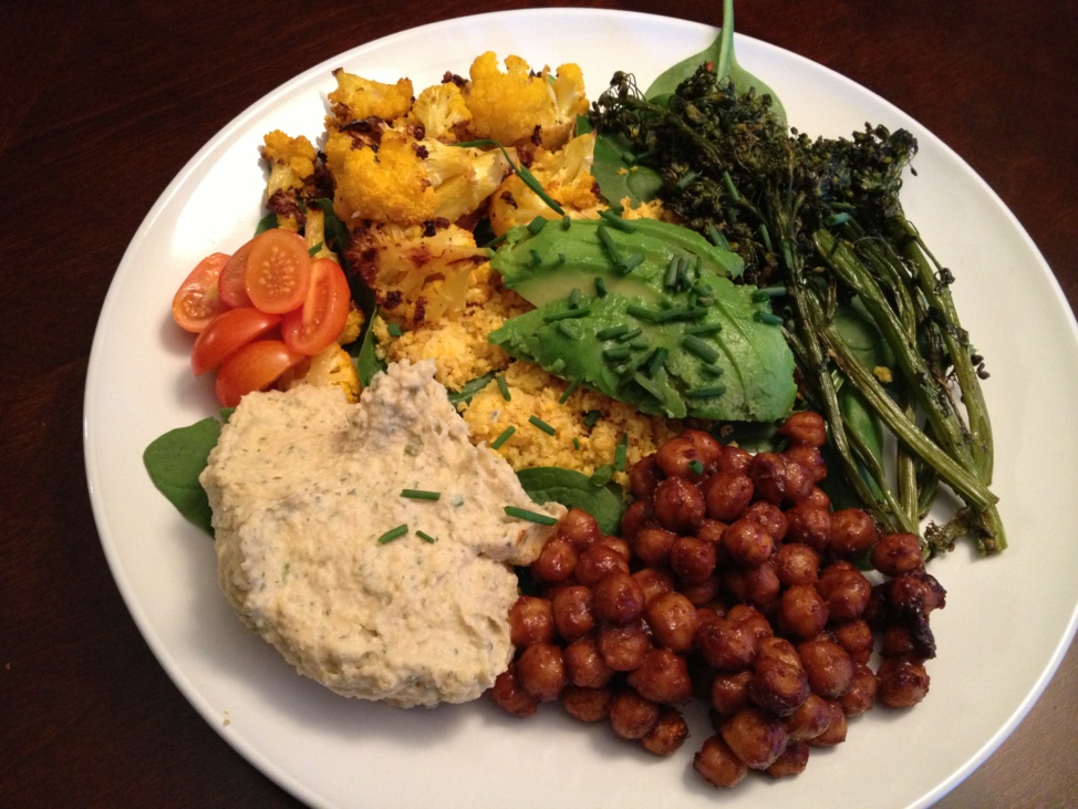 Buddha bowl with chickpeas, roasted veggies, and ranch hummus