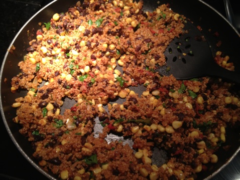 Stuffing for the Chile Relleno recipe in a frying pan