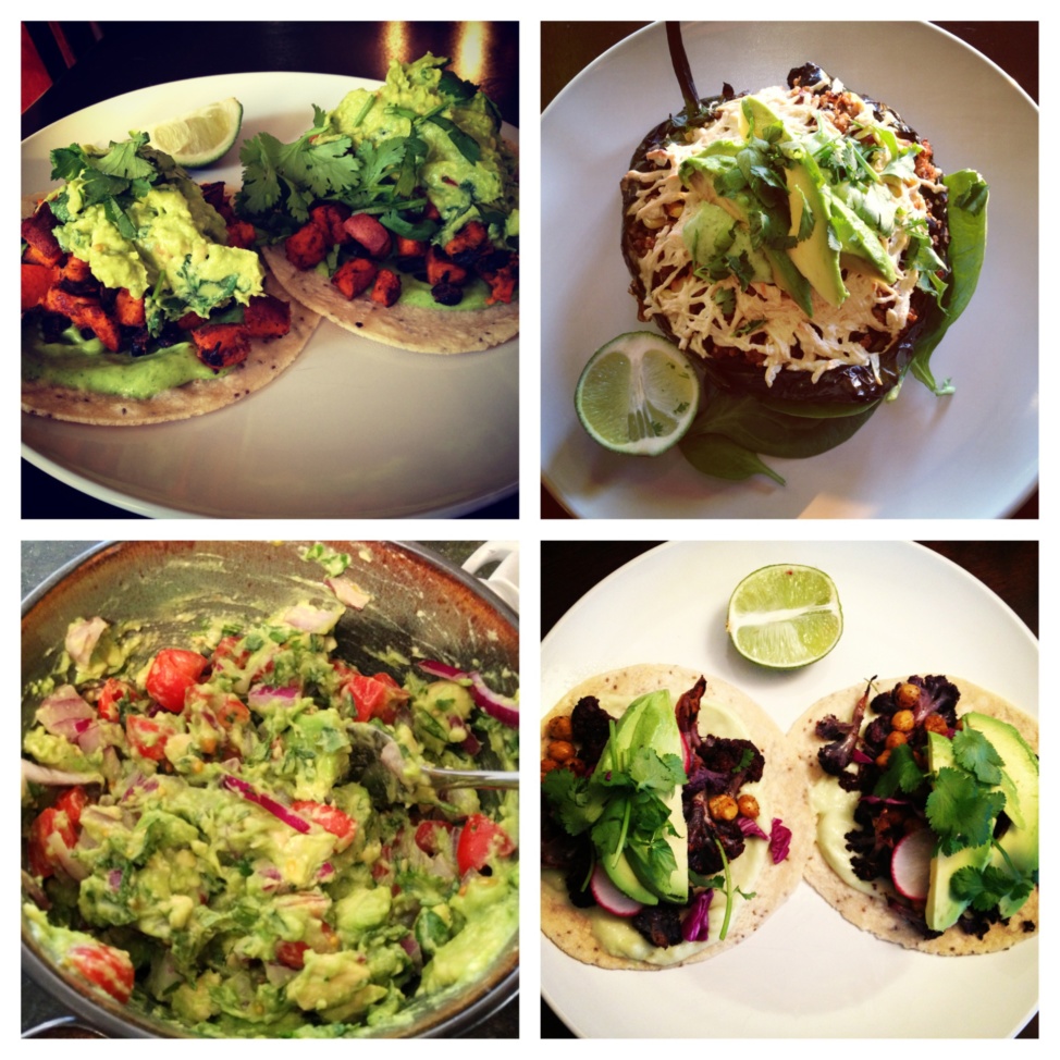 A combination of four dishes: two types of tacos, stuffed poblanos, and guacamole