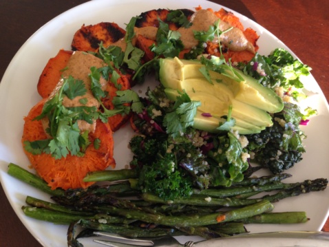 Grilled sweet potatoes with asparagus and tahini sauce