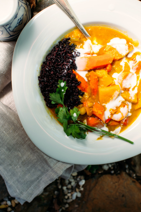 Fall soup with squash, chickpeas, and forbidden rice