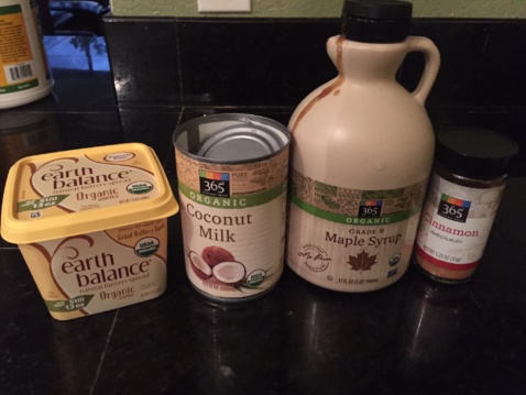 Earth Balance, coconut milk, maple syrup, and cinnamon on the kitchen counter