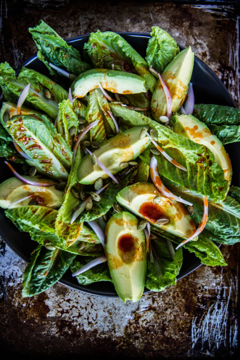 Smoky Romaine and Avocado Salad drizzled with Smoky Vinaigrette