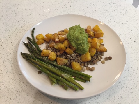 An easy, inexpensive, healthy meal of lentils, toasted golden beets, asparagus & pesto.
