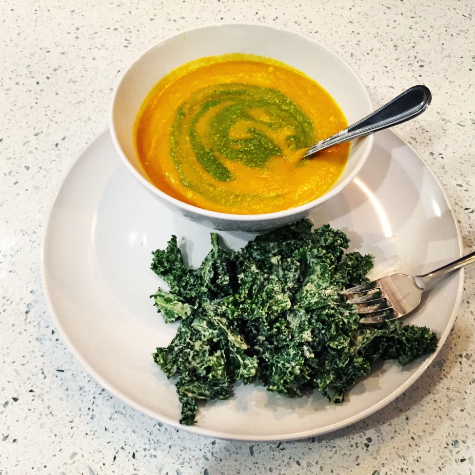 Creamy roasted carrot soup with spring pesto
