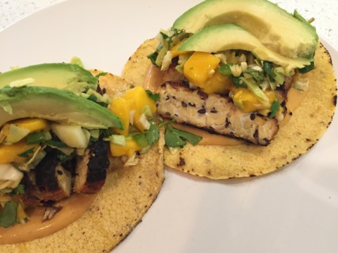 Grilled Tempeh Tacos with Peanut Sauce and Mango Cilantro Salsa