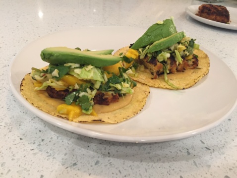 Two Grilled Tempeh Tacos with Peanut Sauce and Mango Cilantro Salsa