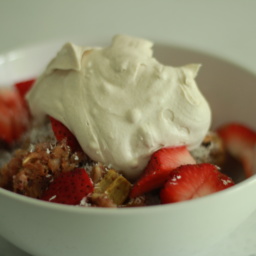 Strawberry rhubarb baked oatmeal with coconut whipped cream