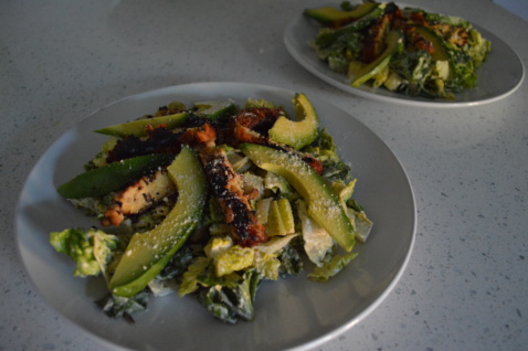 Blackened tempeh Caesar salad with avocado
