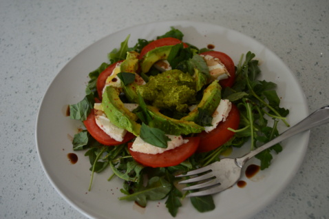 Vegan Caprese salad with avocado and vegan cheese