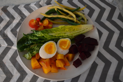 Nicoise salad with romaine, beets, and boiled eggs