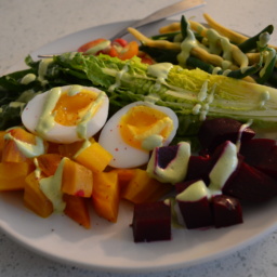 Nicoise salad with romaine, beets, eggs, and green beans