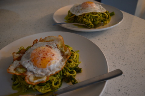 Two plates of Zucchini Pasta with Fried Egg