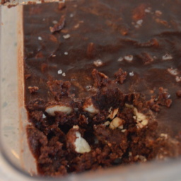 Chocolate fudge in a glass pan