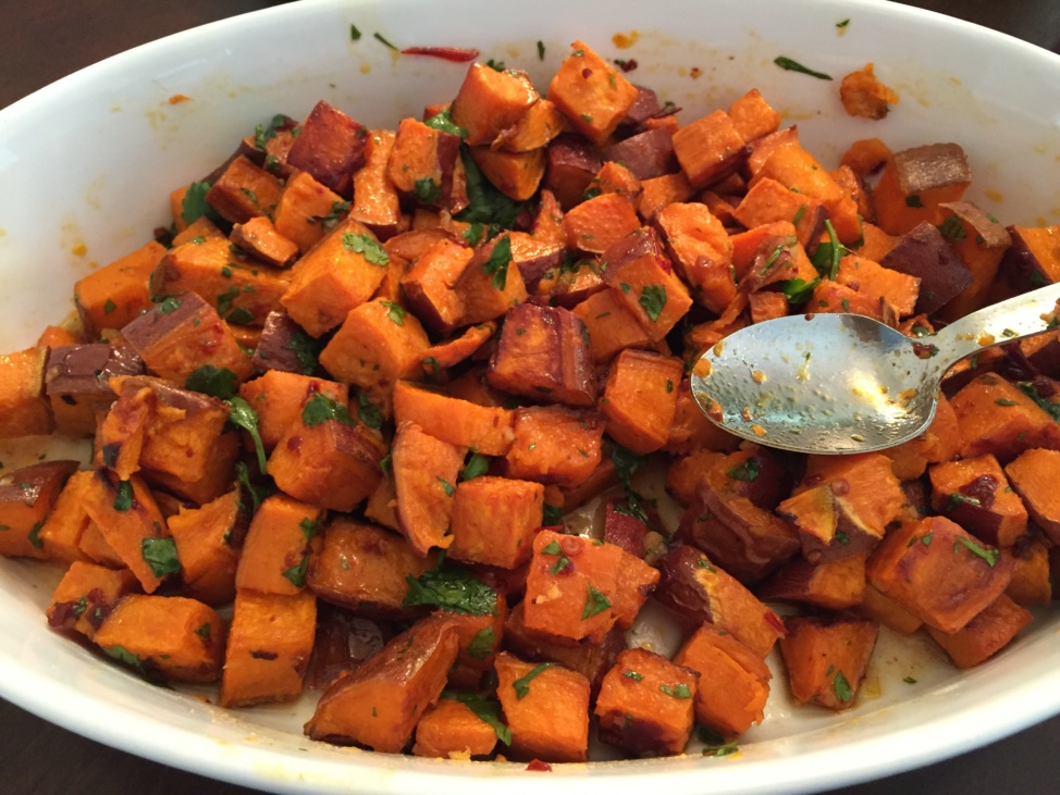 Sweet potato salad in a white bowl