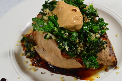 Baked, Stuffed Sweet Potato with Quinoa, Kale and Thai Peanut Sauce