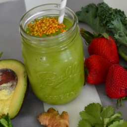 Kale, mint, avocado, strawberries, spinach, ginger, and shamrock