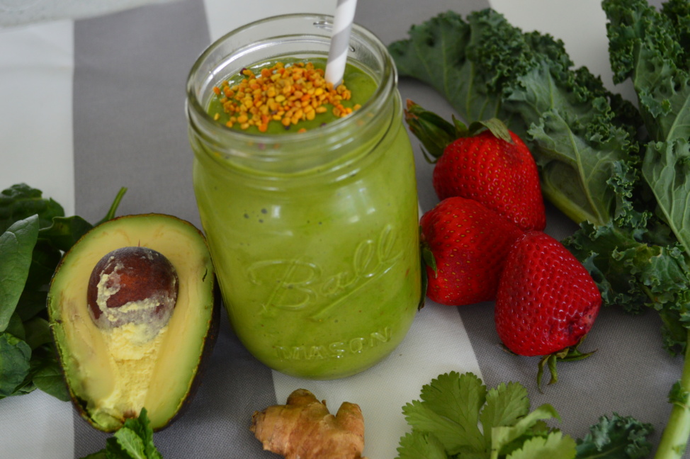 Kale, mint, avocado, strawberries, spinach, ginger, and shamrock