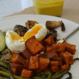 Sweet potatoes, quinoa, asparagus and avocado on a plate