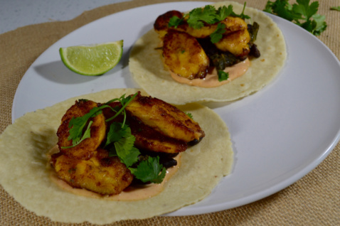 Caramelized Plantain and Black Bean Tacos with Sriracha Aioli