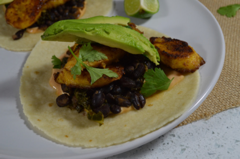Tacos with caramelized plantain, black beans and avocado