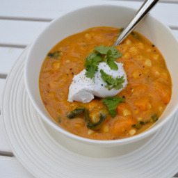 Spicy sweet potato corn chowder with coconut cream