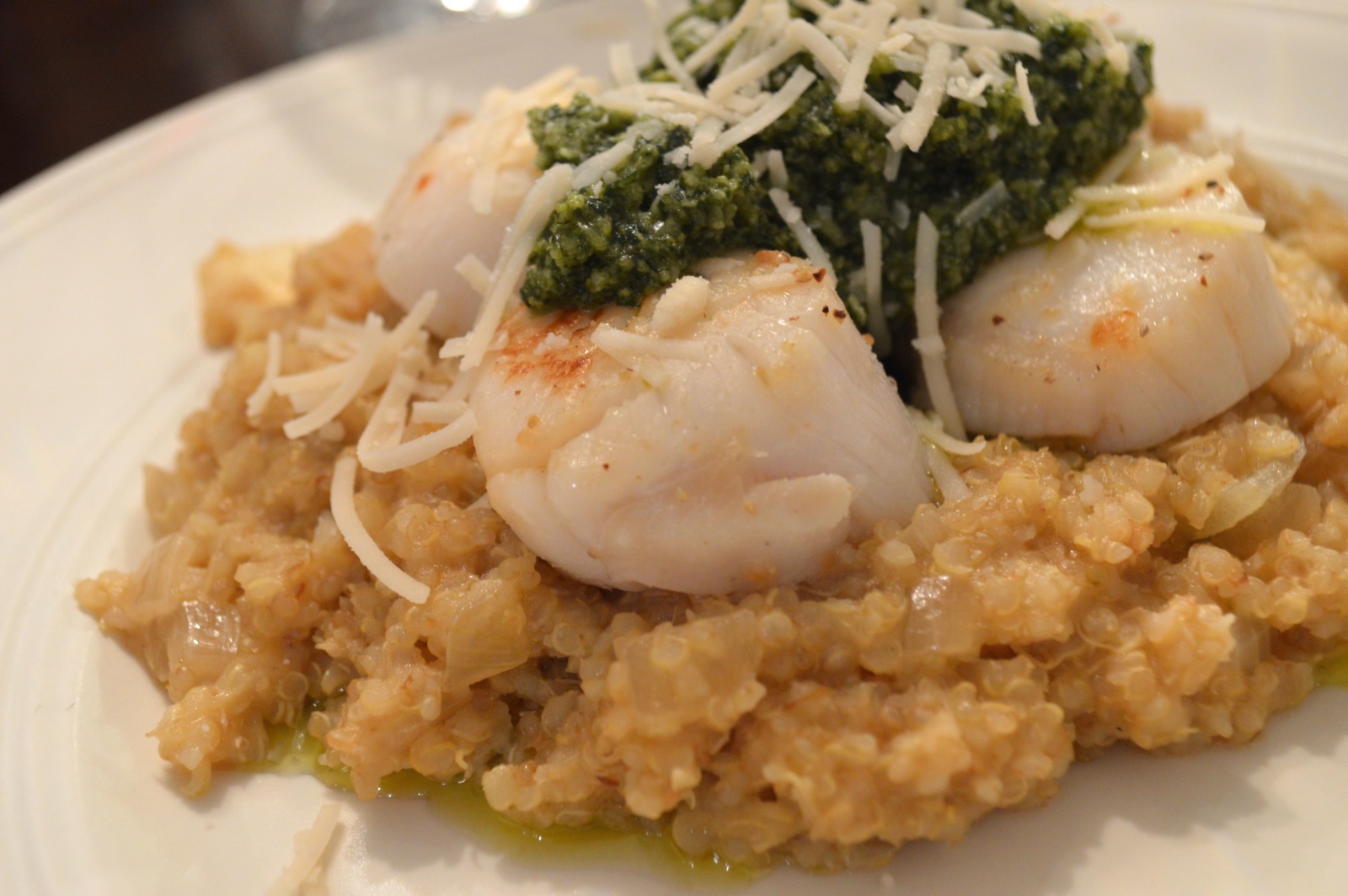 Dairyfree, Glutenfree Quinoa Risotto with Seared Scallops and Pesto