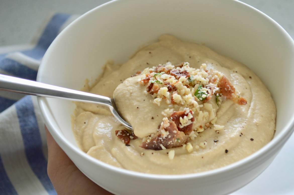 Roasted Cauliflower Bisque with bacon and almonds