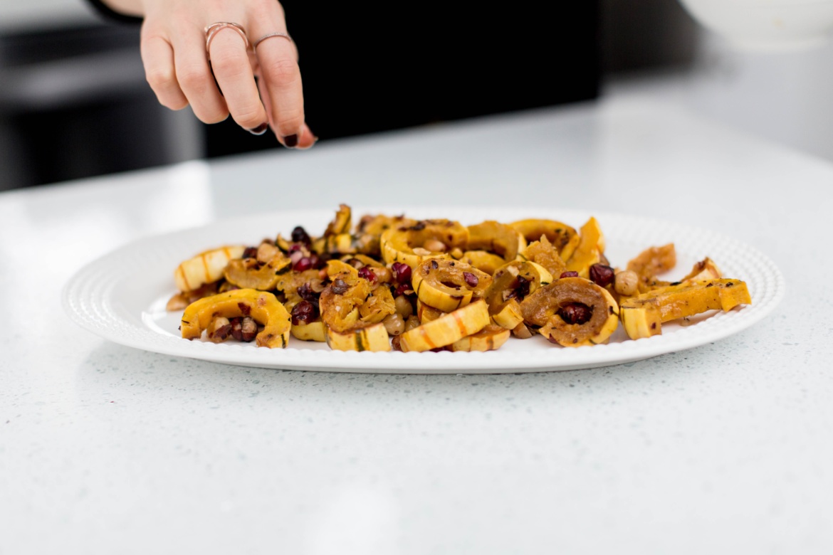 roasted delicata squash with brown butter hazelnut topping