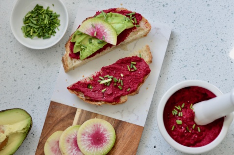 beet hummus on avocado toast