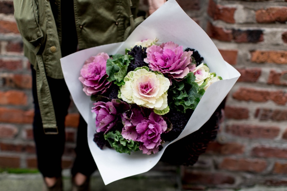 white and purple market flowers