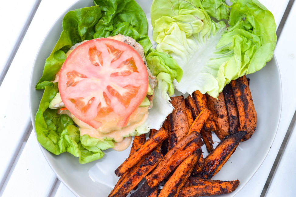 grilled turkey burger and sweet potato fries