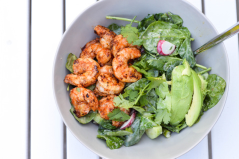 refreshing grilled prawn and miso avocado salad